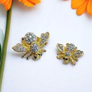 Joan Rivers Set of 2 Vintage Crystal Bee Scatter Pins Brooches Goldtone w/ Chain